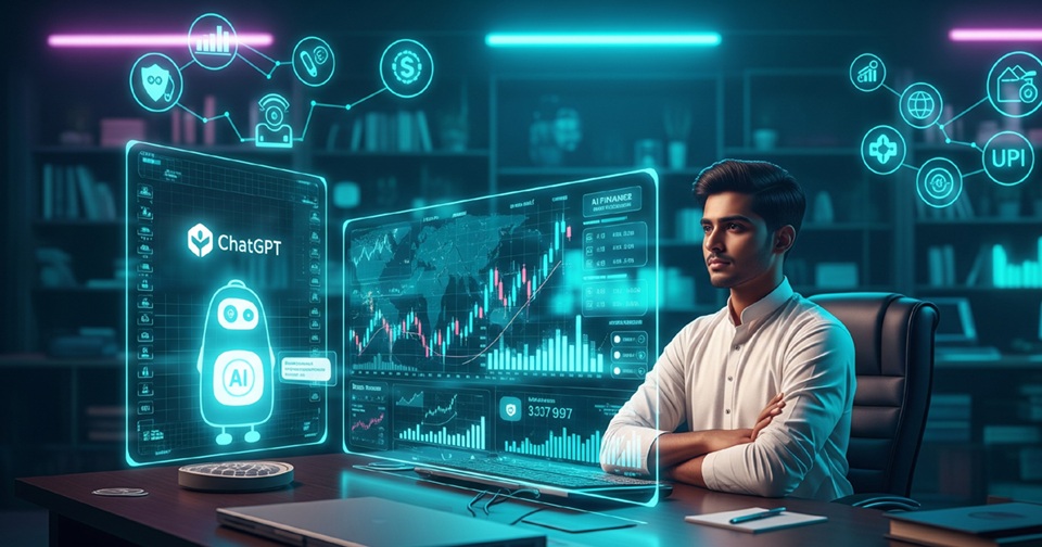 Ek yuva Bharatiya investor jo AI finance tools aur stock market charts ke saath digital screen ke saamne baitha hai"