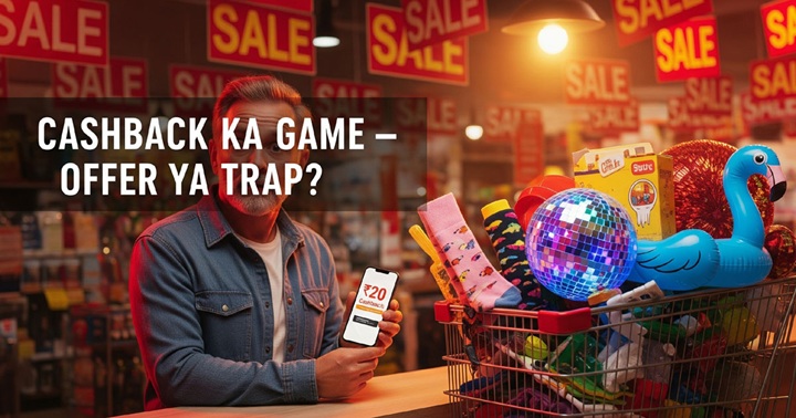 A confused Indian shopper looking at a ₹20 cashback offer on phone while standing with a cart full of unnecessary items. Background has flashy sale signs, symbolizing marketing traps and overspending.