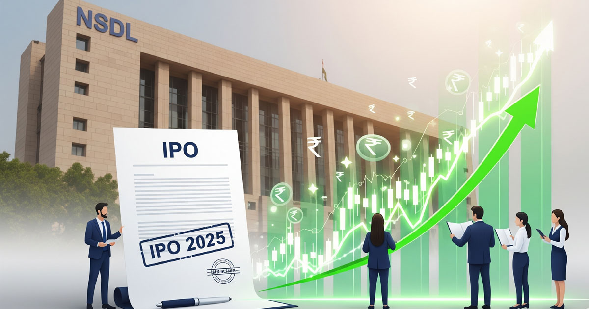 NSDL IPO 2025 का चित्र जिसमें IPO डॉक्यूमेंट, भारतीय शेयर बाजार का चार्ट और निवेश का प्रतीकात्मक दृश्य है