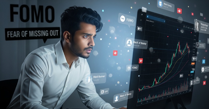 A confused Indian investor looking at rising stock market chart with fear of missing out written in background