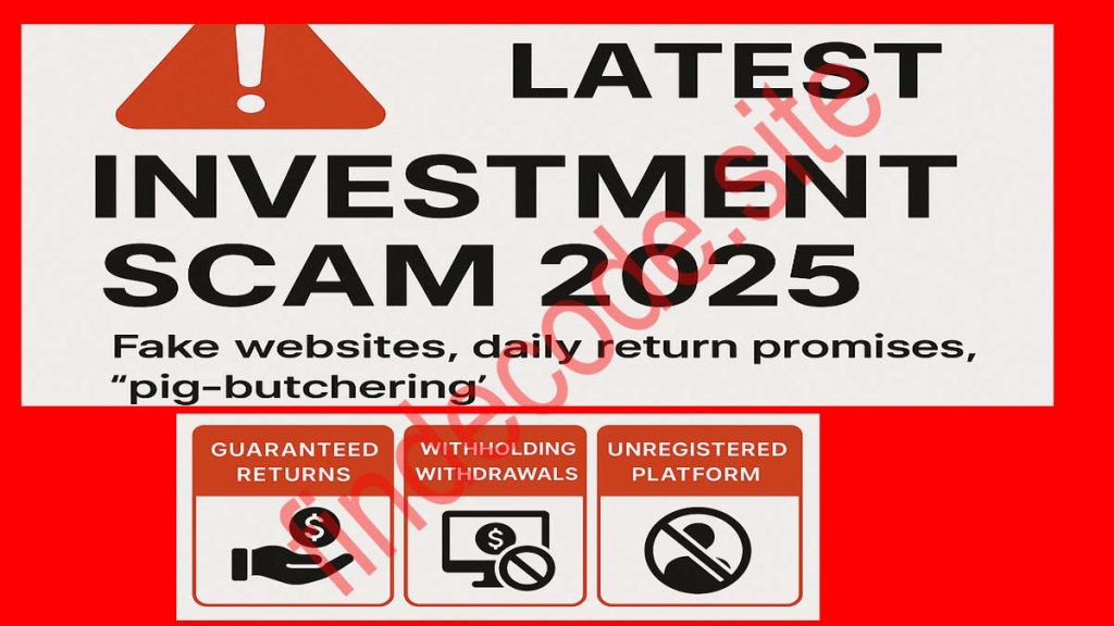 Latest Investment Scam 2025 alert banner showing guaranteed returns, fake websites, withholding withdrawals, unregistered platform warnings